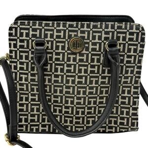 Tommy Hilfiger Monogram Logo Bag Black and White with Gold Metal Accents